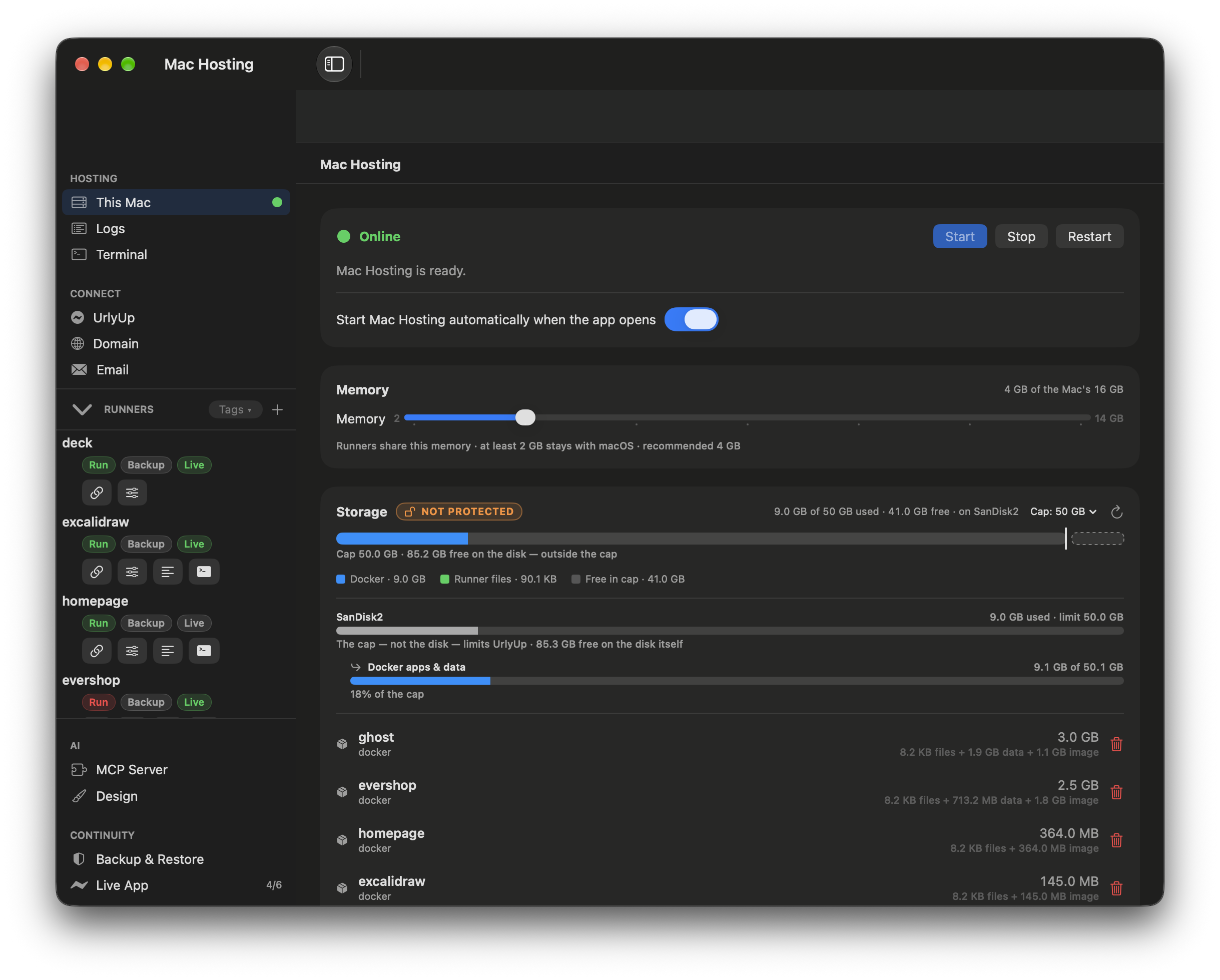 UrlyUp Mac Hosting app — control everything hosted
